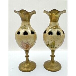 Set 2 Vintage Cloisonné And brass Vase Floral Bud Vase Multi Color Enamel 6.5”